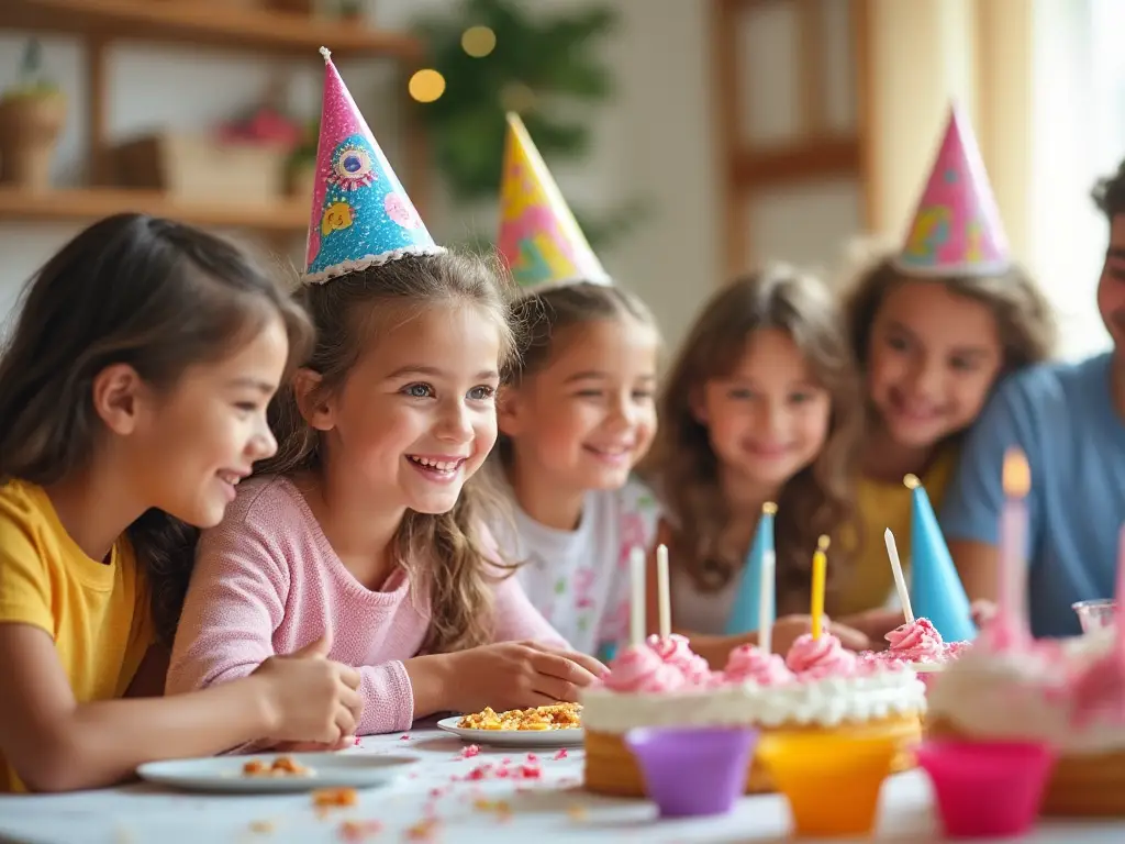 A group of happy children at a birthday party, wearing colorful hats and smiling around a cake with candles, capturing a warm and loving family moment.